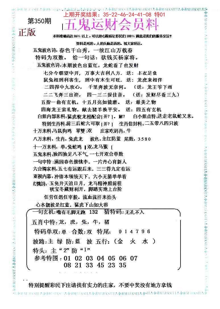 2024350期五鬼运财会员料