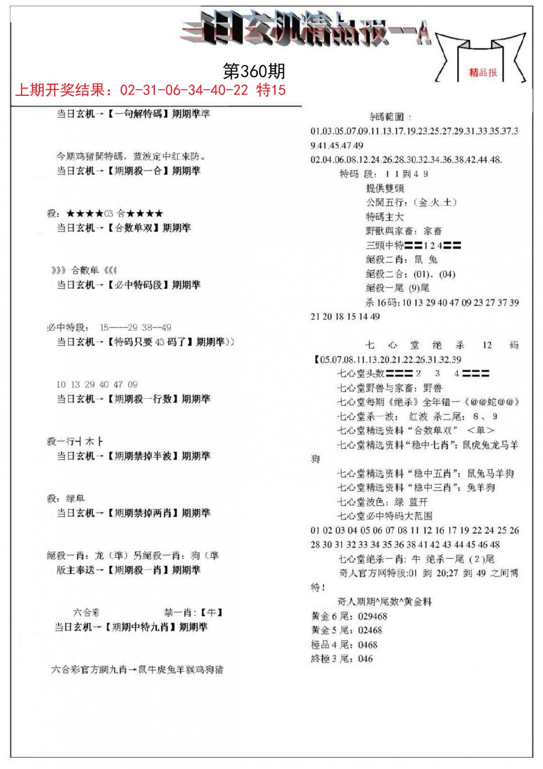 2024360期当日玄机精品报A