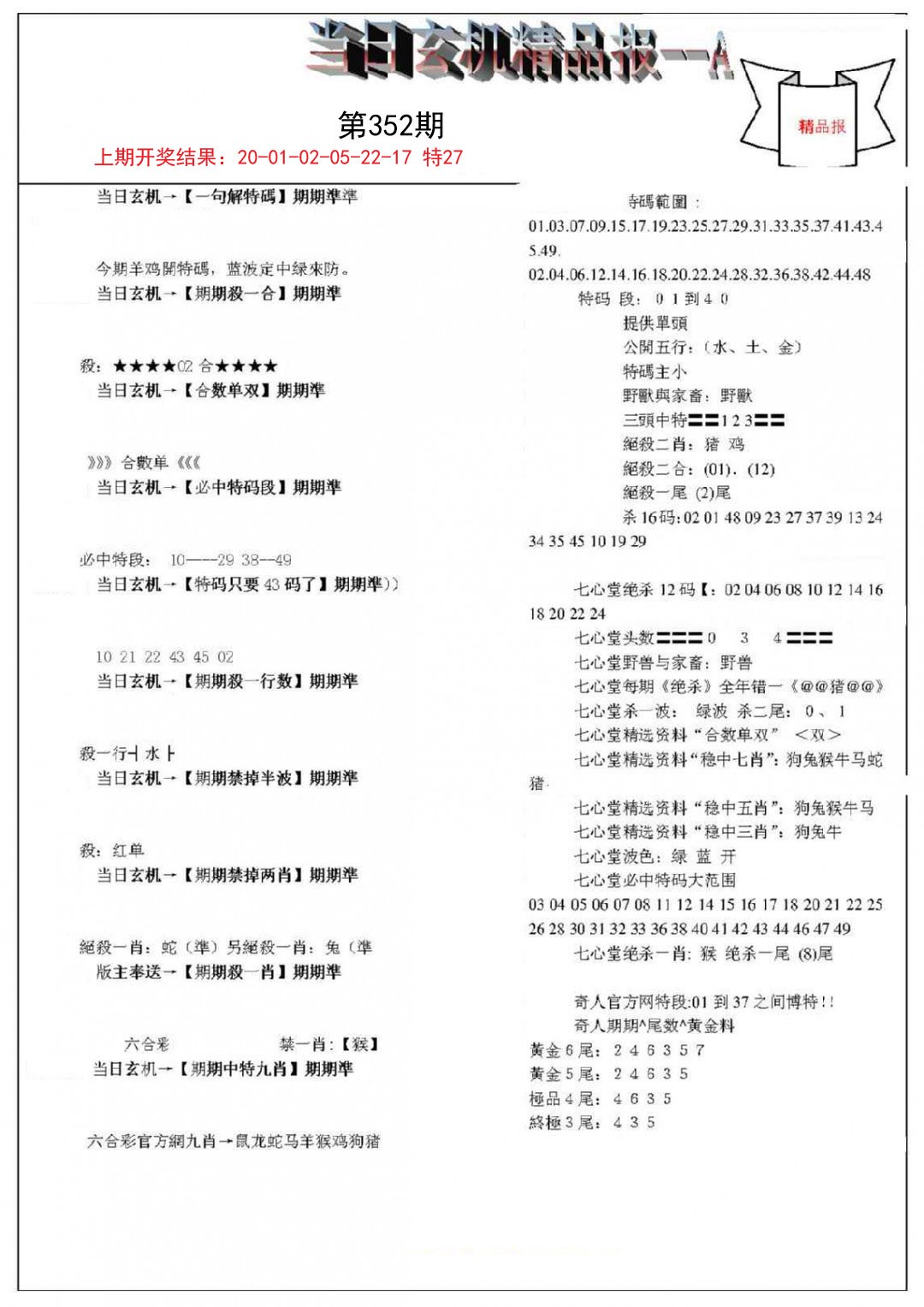 2024352期当日玄机精品报A