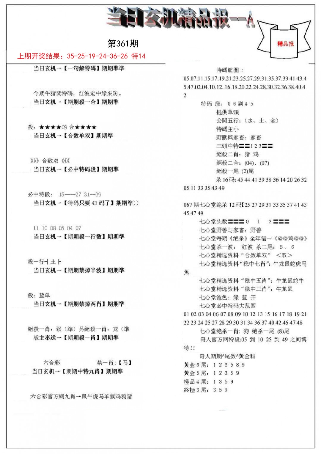 2024361期当日玄机精品报A