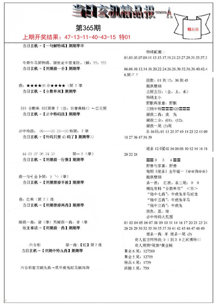 2024365期当日玄机精品报A