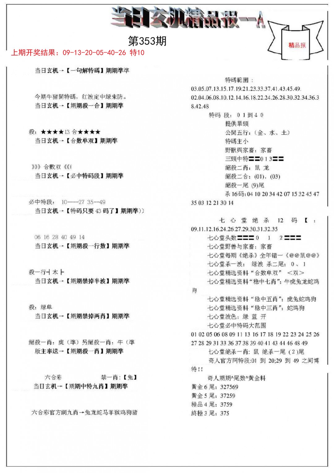 2024353期当日玄机精品报A