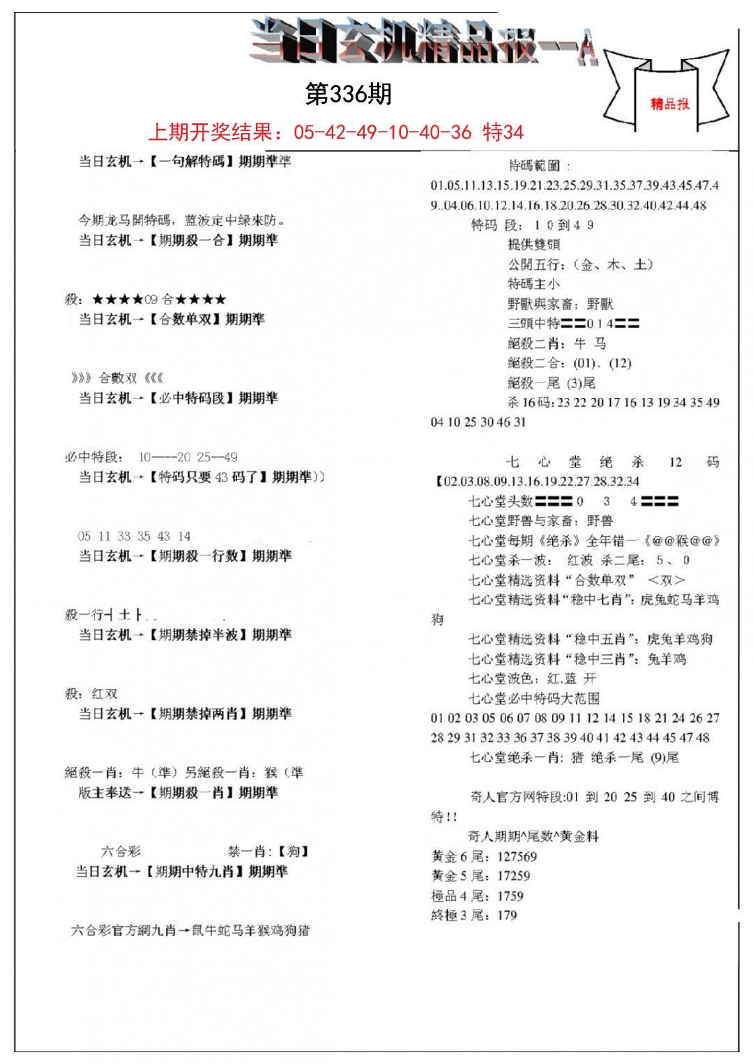 2024336期当日玄机精品报A