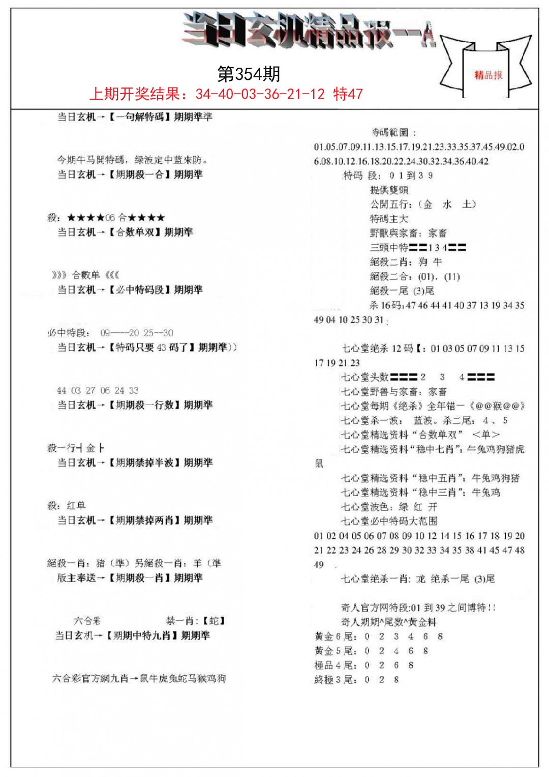2024354期当日玄机精品报A