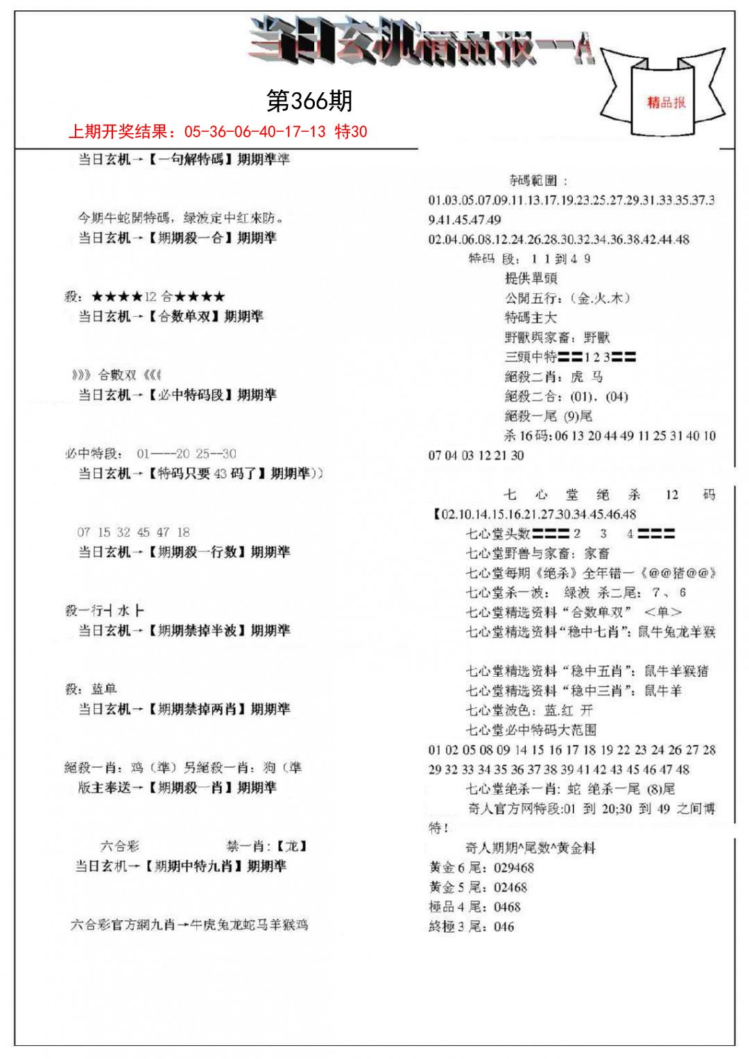 2024366期当日玄机精品报A
