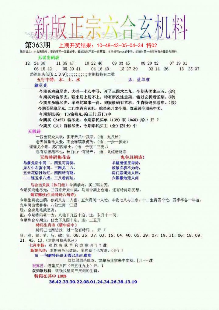 2024363期正宗六合玄机料