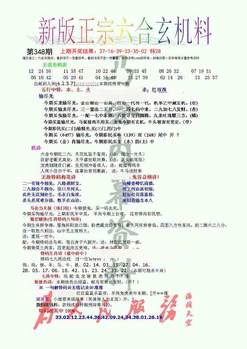 2024348期正宗六合玄机料