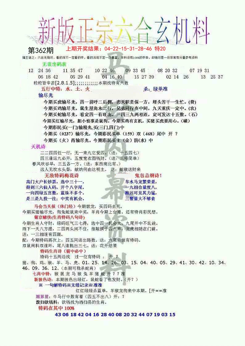 2024362期正宗六合玄机料