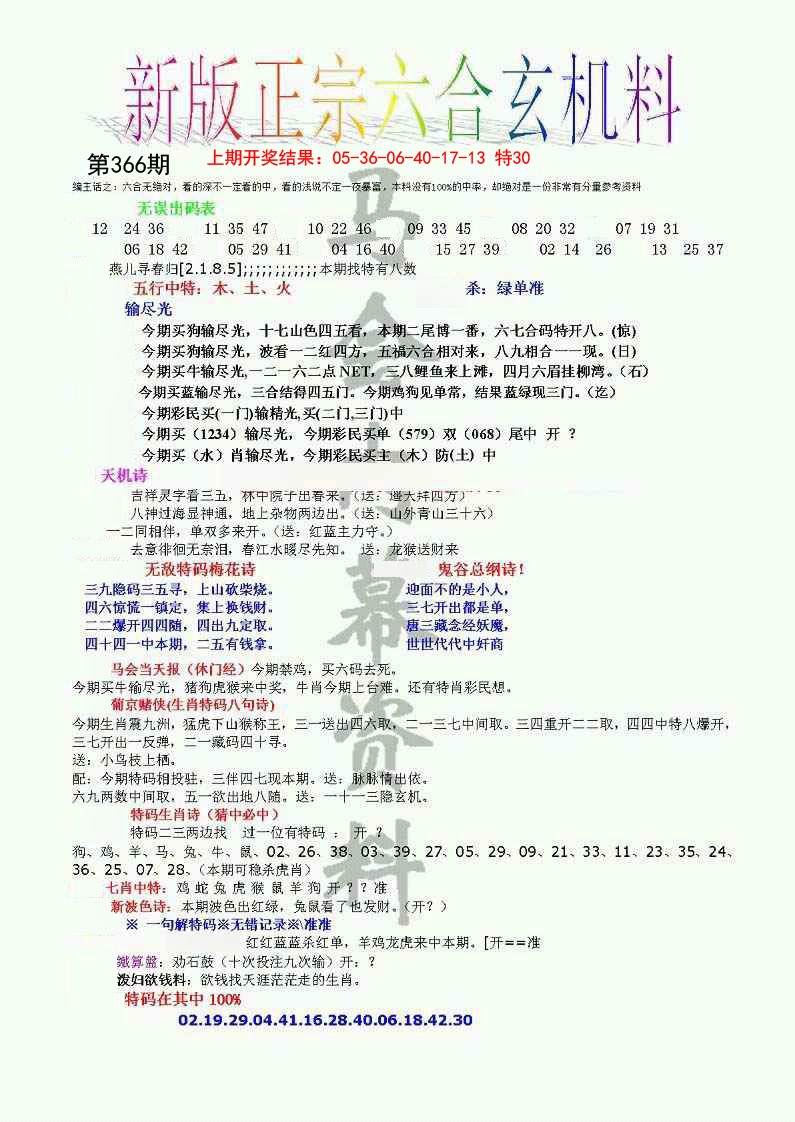2024366期正宗六合玄机料