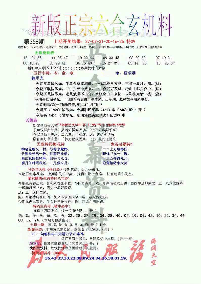 2024358期正宗六合玄机料