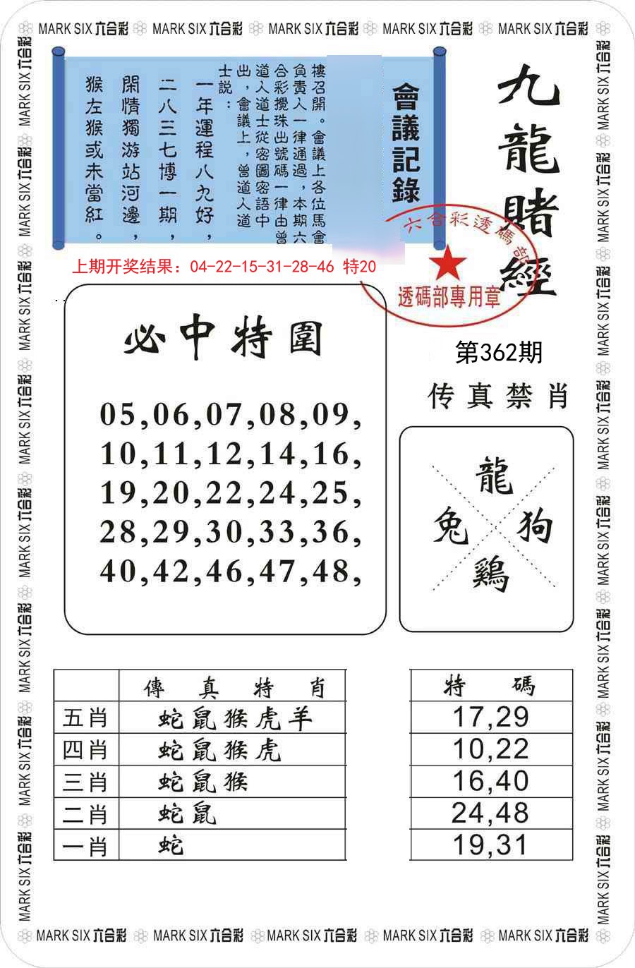 2024362期九龙赌经