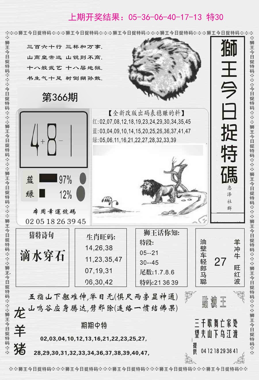 2024366期狮王今日抓特码