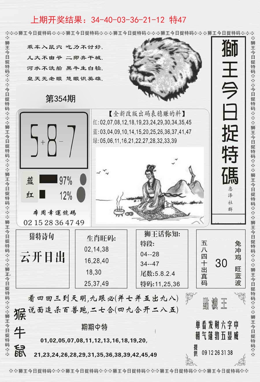 2024354期狮王今日抓特码