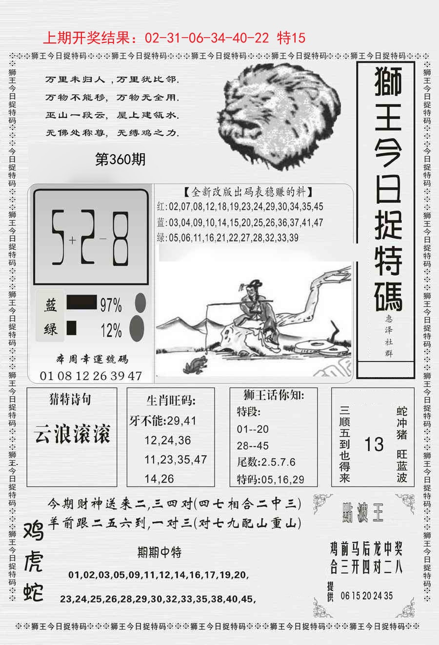 2024360期狮王今日抓特码