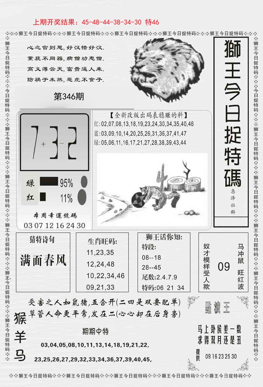 2024346期狮王今日抓特码