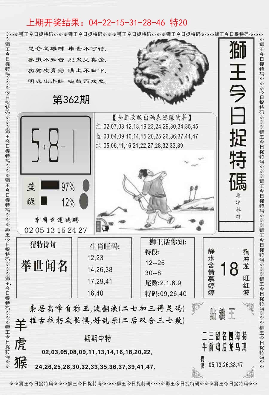 2024362期狮王今日抓特码