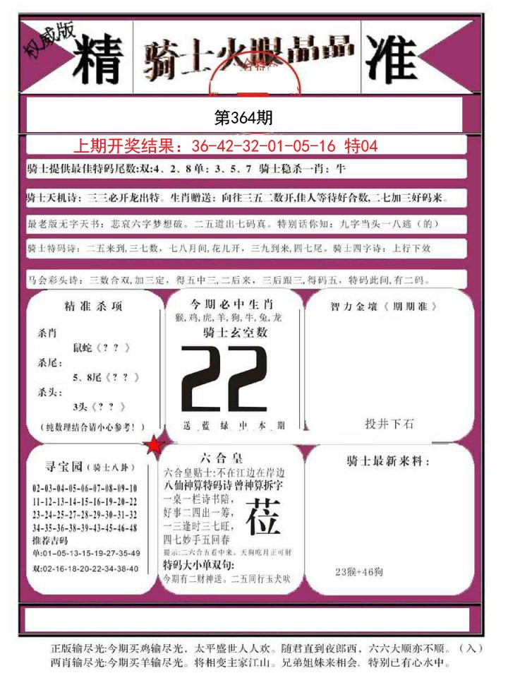 2024364期骑士火眼晶晶B