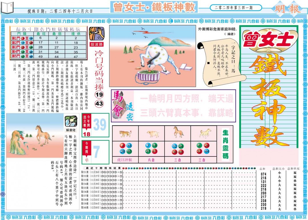 2024341期曾女士铁板神数A
