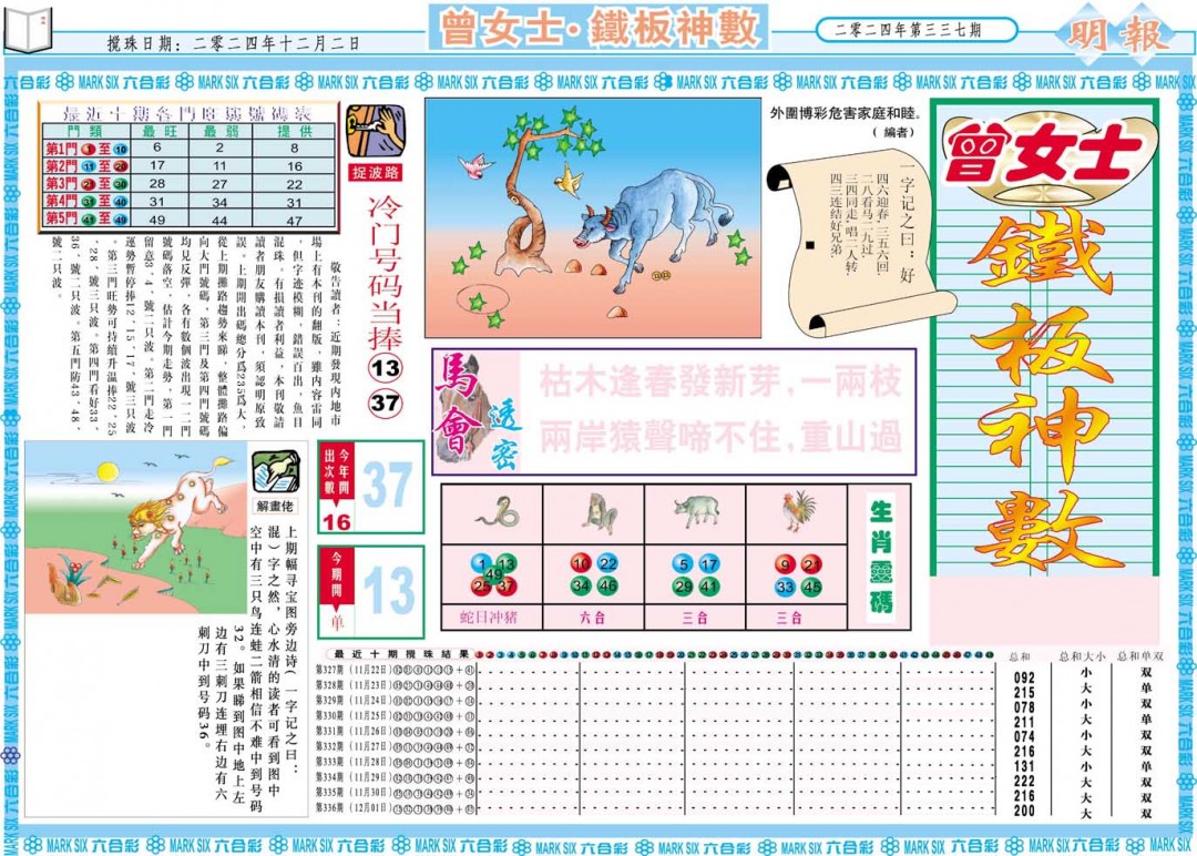 2024337期曾女士铁板神数A