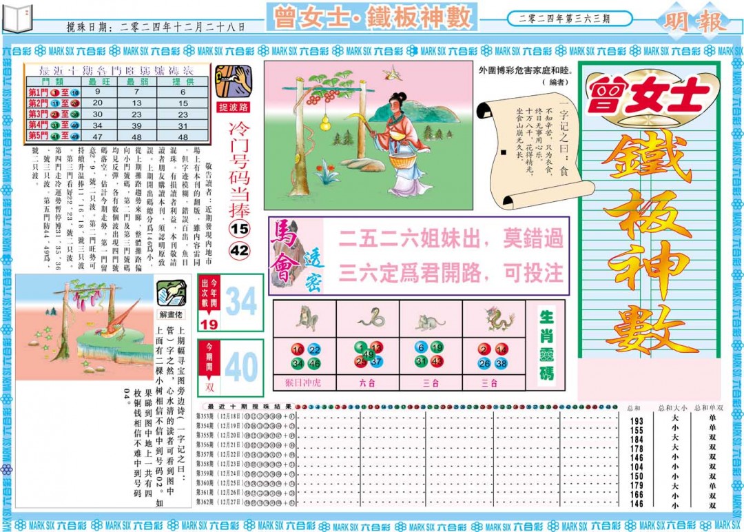2024363期曾女士铁板神数A