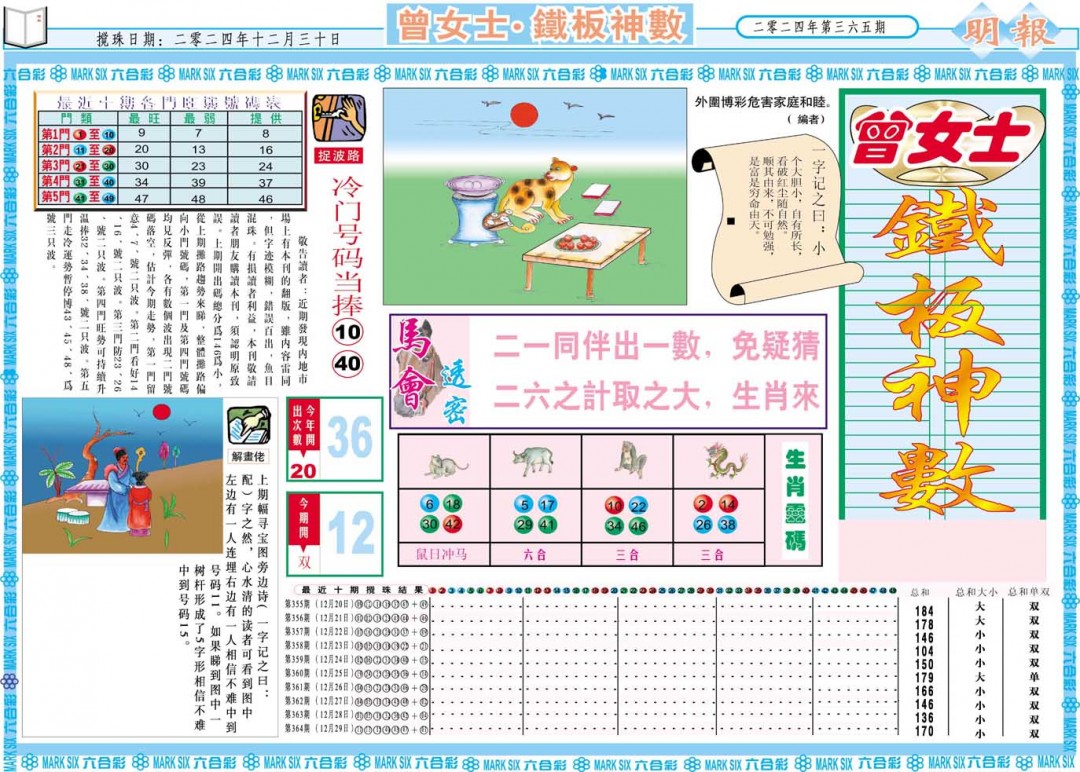 2024365期曾女士铁板神数A