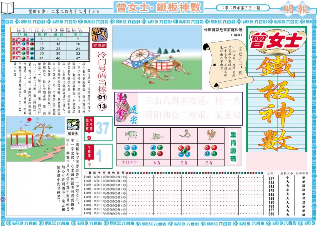 2024351期曾女士铁板神数A