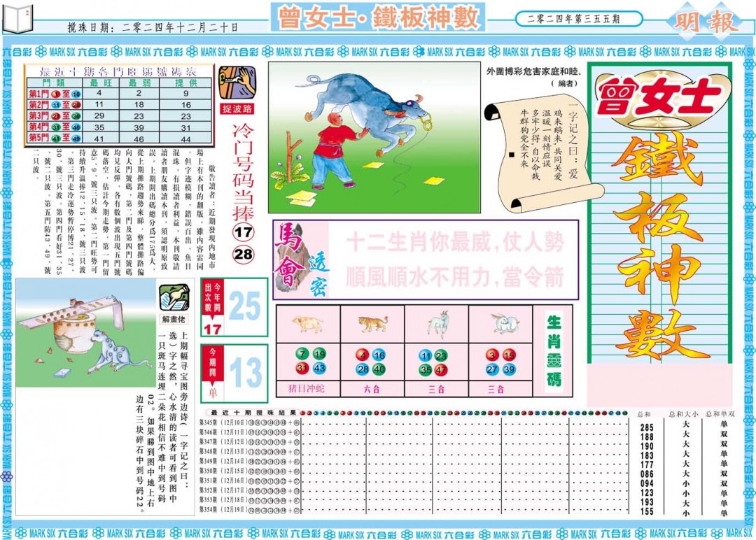 2024355期曾女士铁板神数A