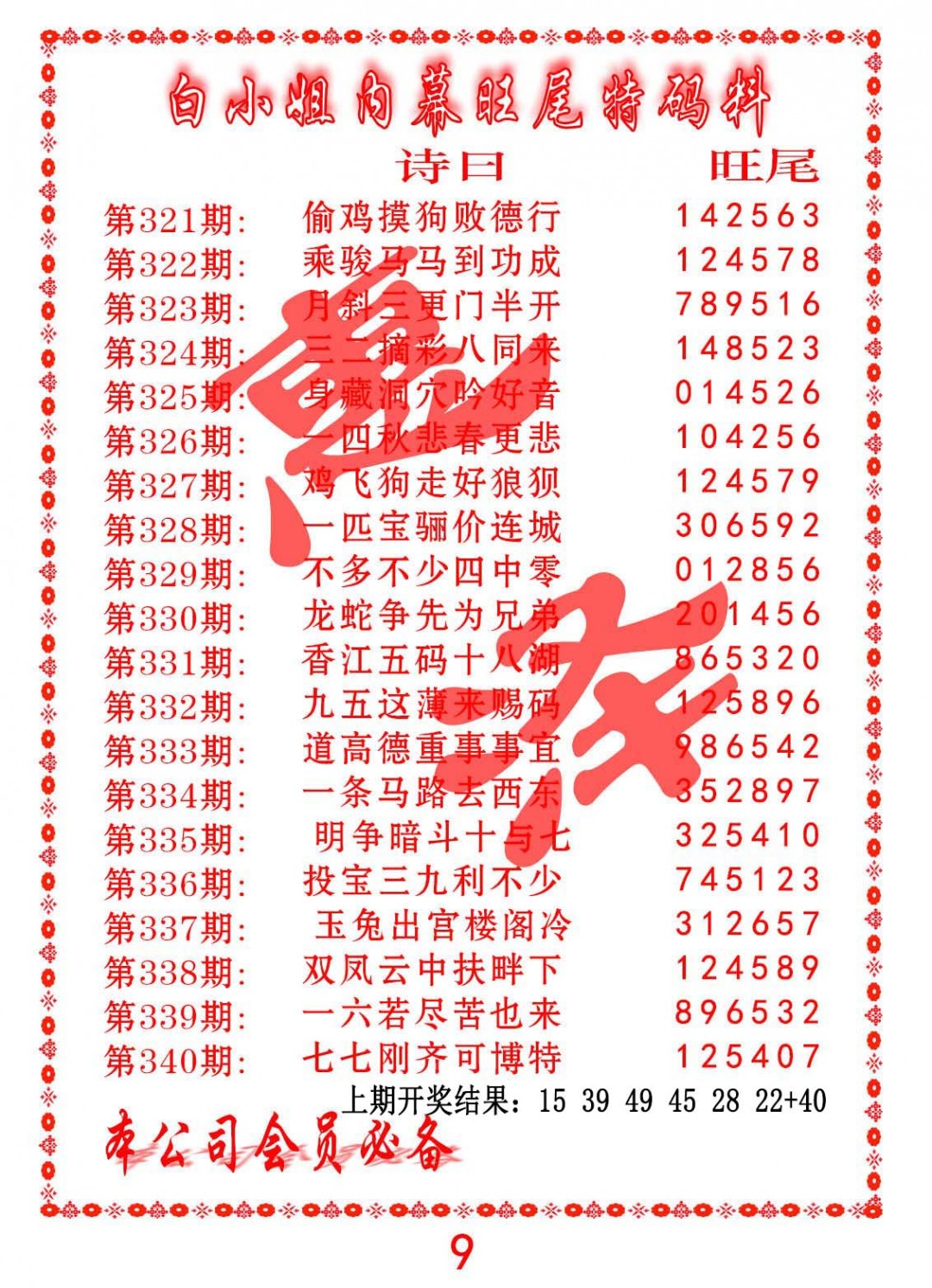 2024339期内幕旺尾特码料