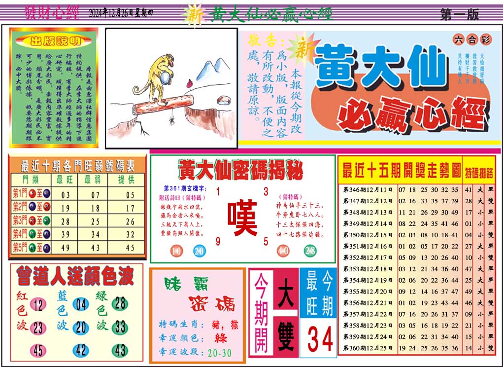 2024361期黄大仙必赢心经A