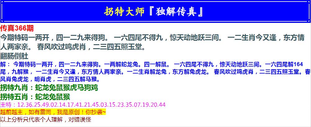 2024366期拐特大师澳门传真