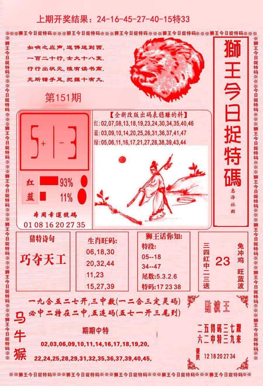2024151期狮王今日抓特码