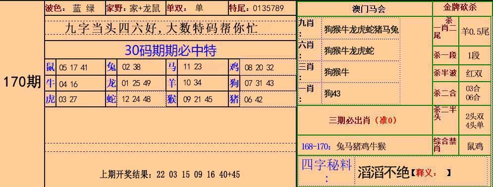 2024170期30码中特
