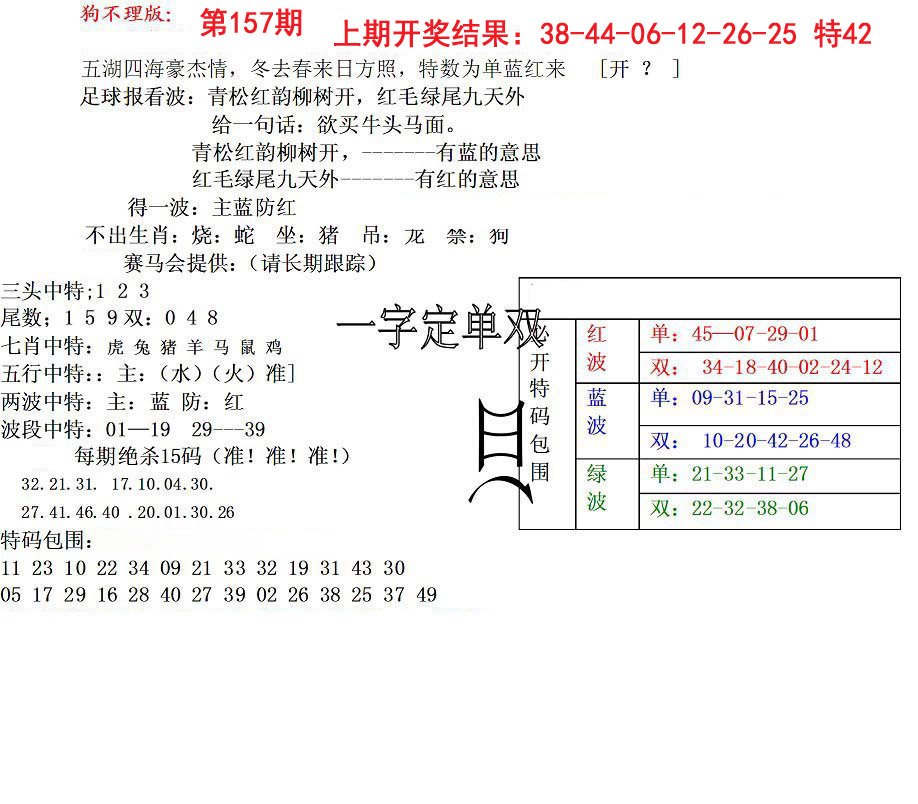 2024157期狗不理特码报