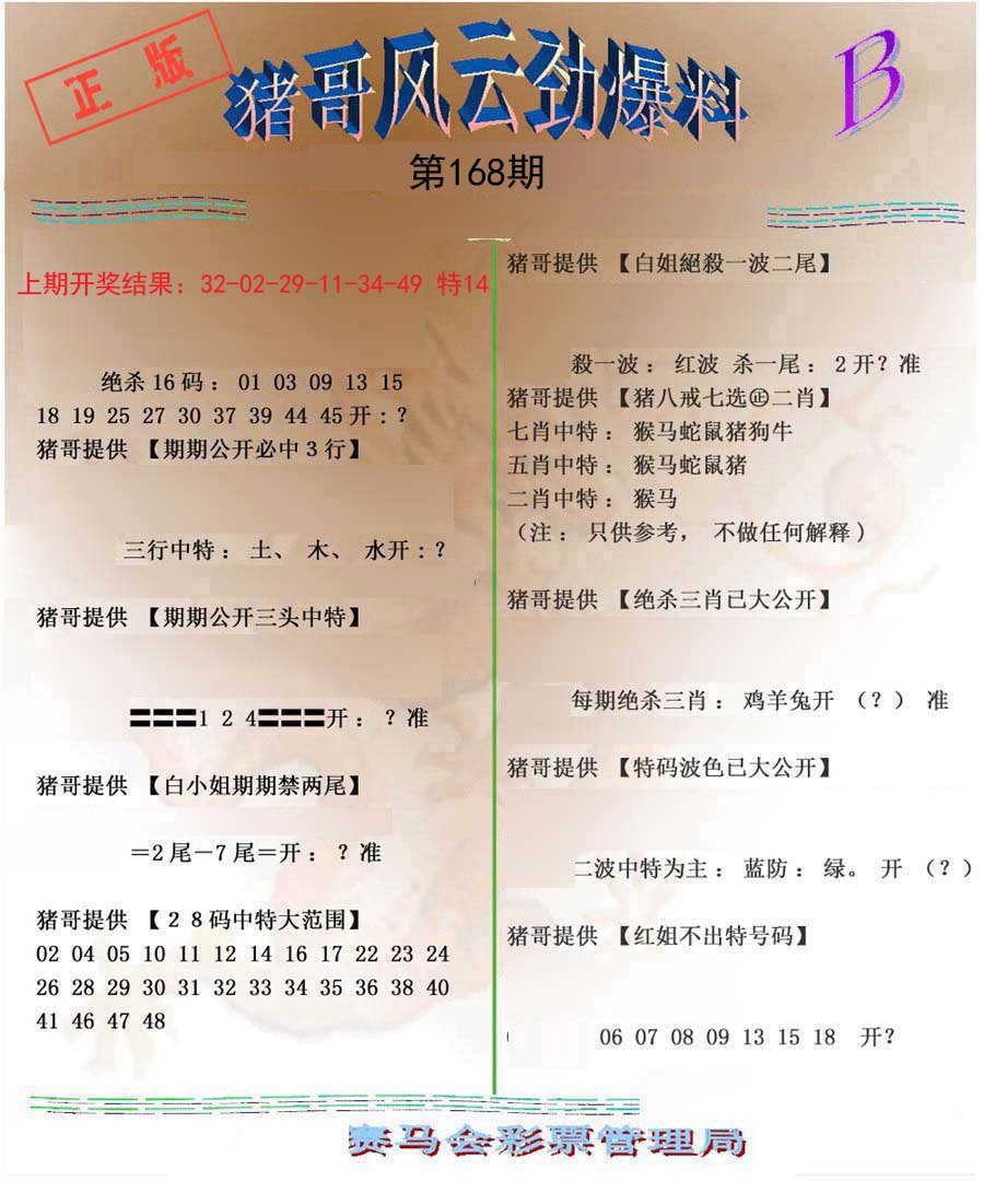 2024168期猪哥风云劲爆料B