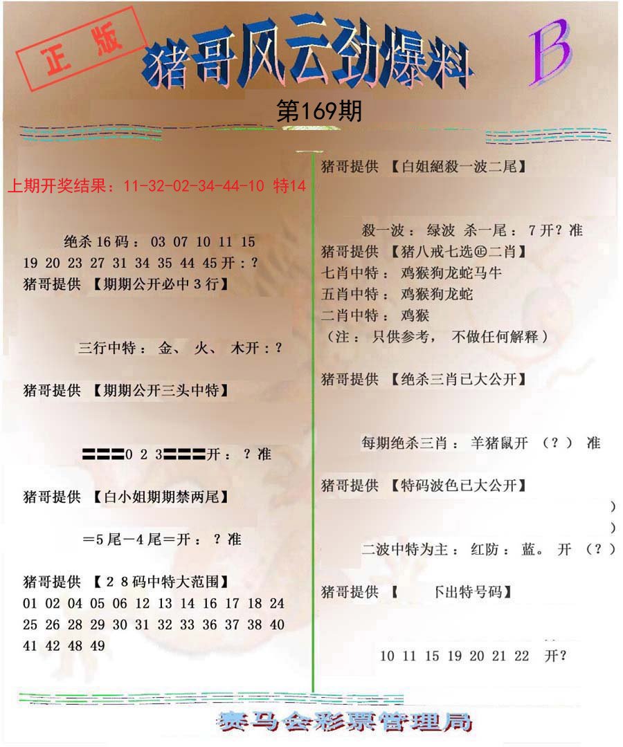 2024169期猪哥风云劲爆料B