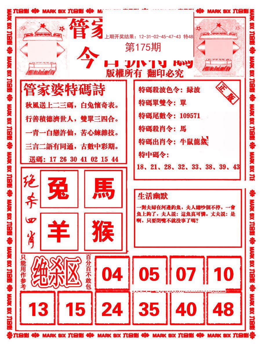 2024175期管家婆抓特码B