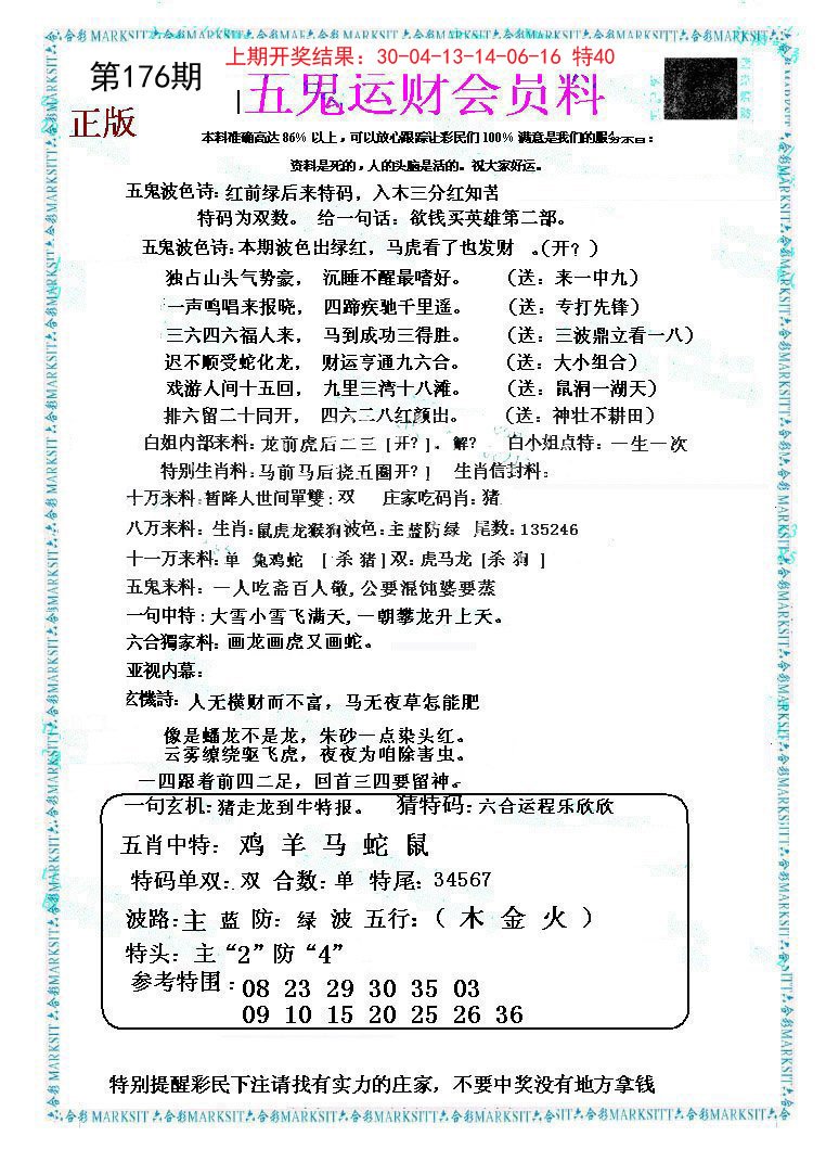 2024176期五鬼运财会员料