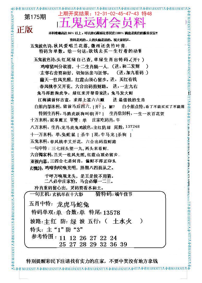 2024175期五鬼运财会员料