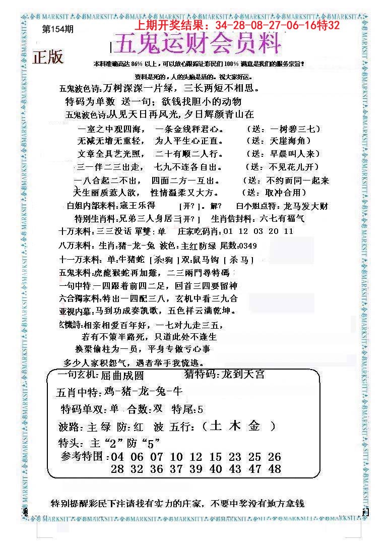 2024154期五鬼运财会员料