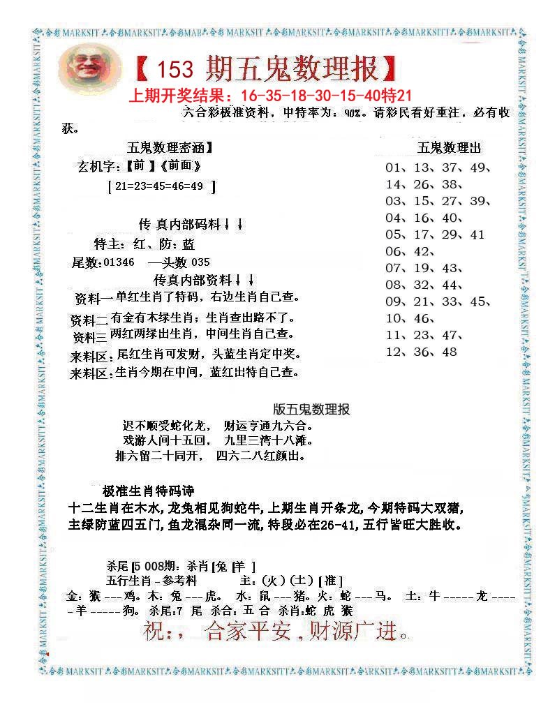 2024153期五鬼运财会员料