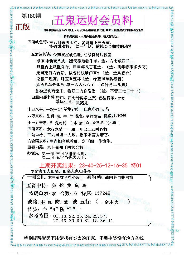 2024180期五鬼运财会员料