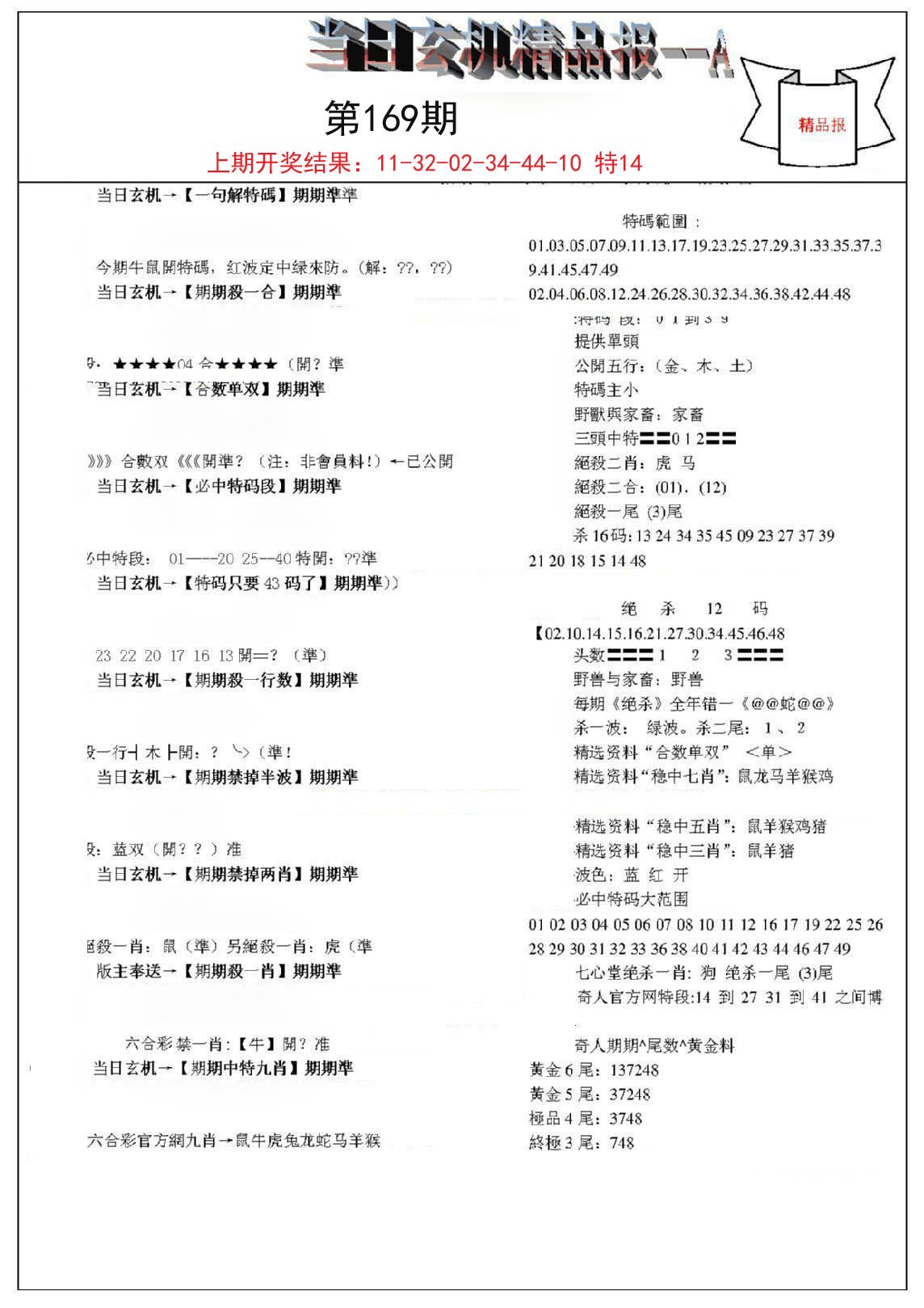 2024169期当日玄机精品报A