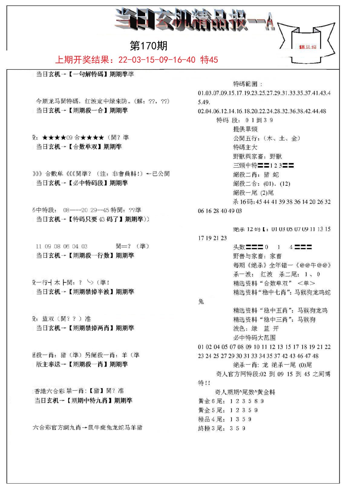 2024170期当日玄机精品报A