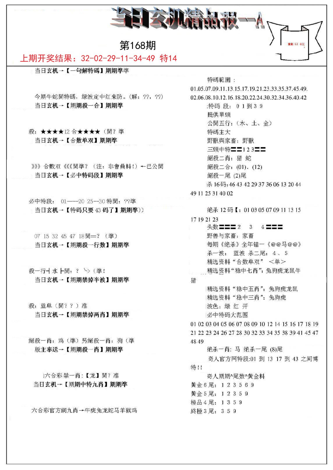 2024168期当日玄机精品报A