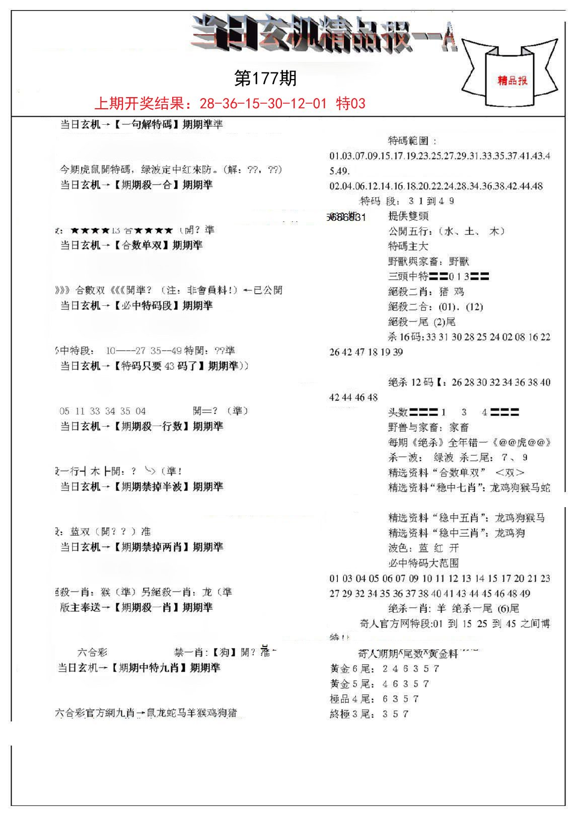 2024177期当日玄机精品报A
