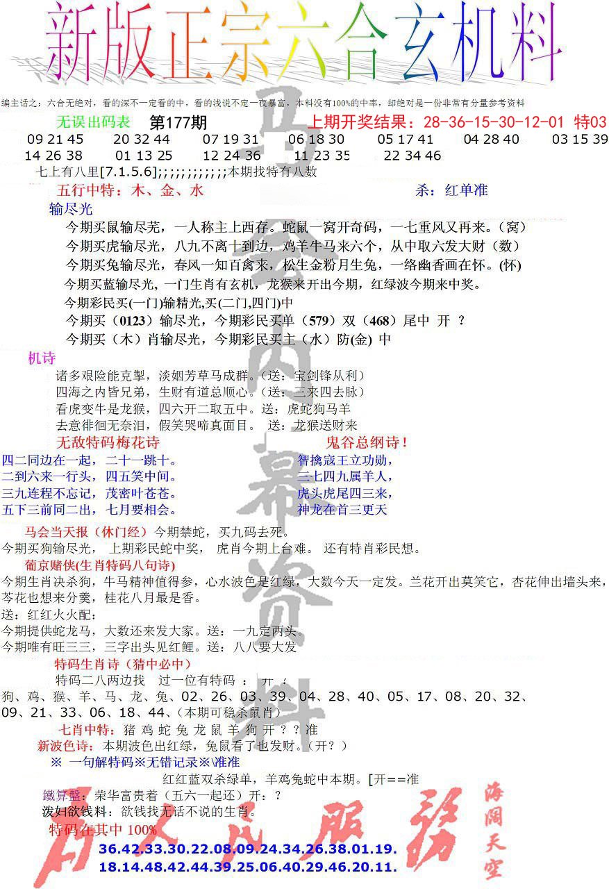 2024177期正宗六合玄机料