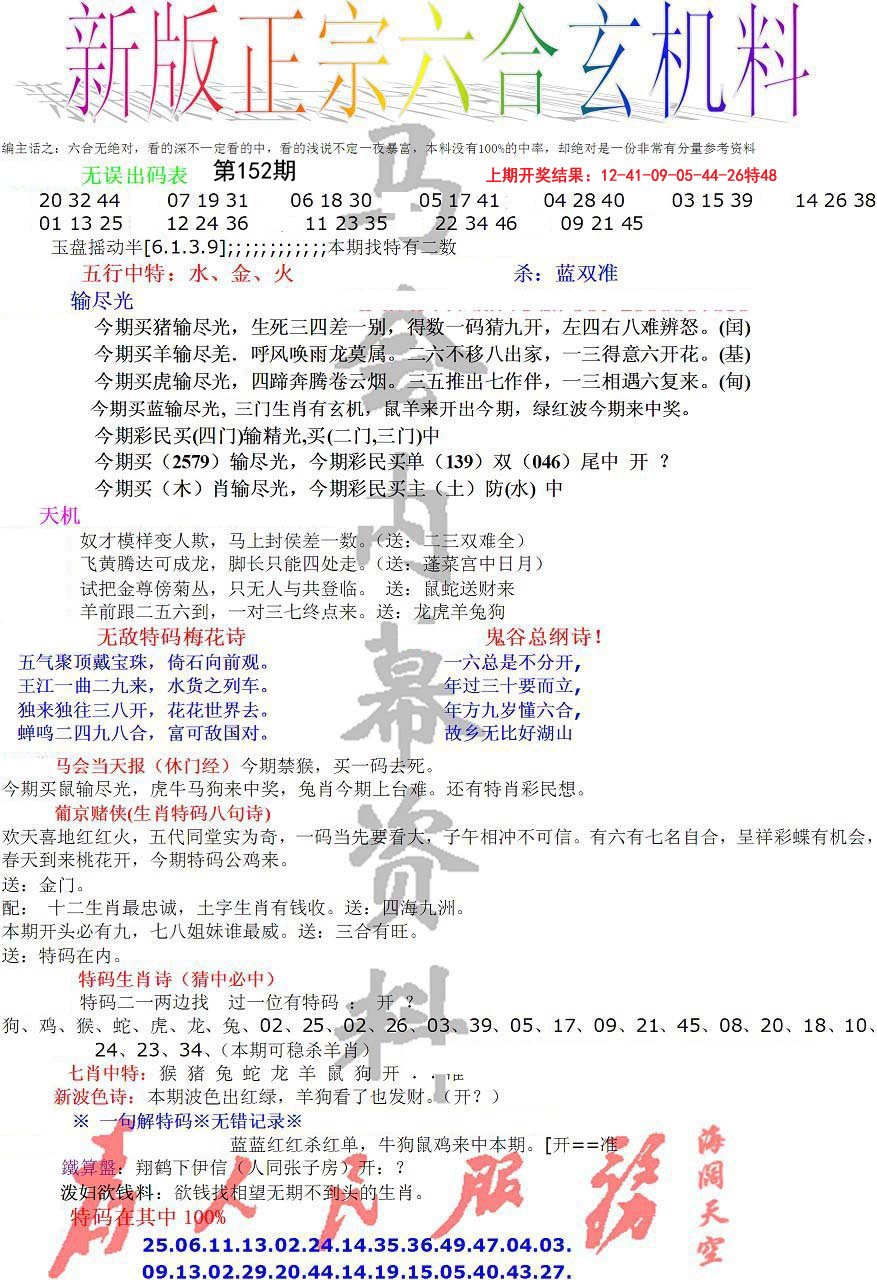2024152期正宗六合玄机料