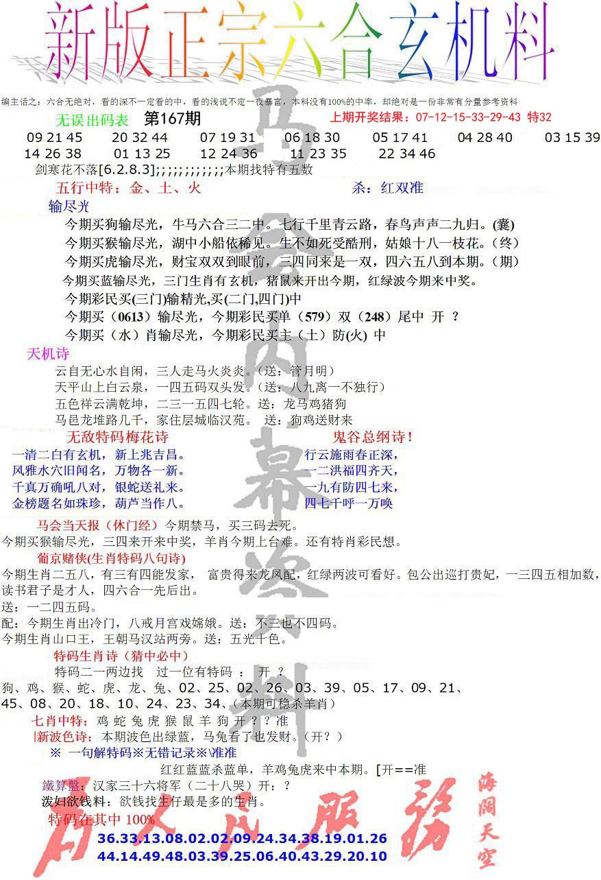 2024167期正宗六合玄机料