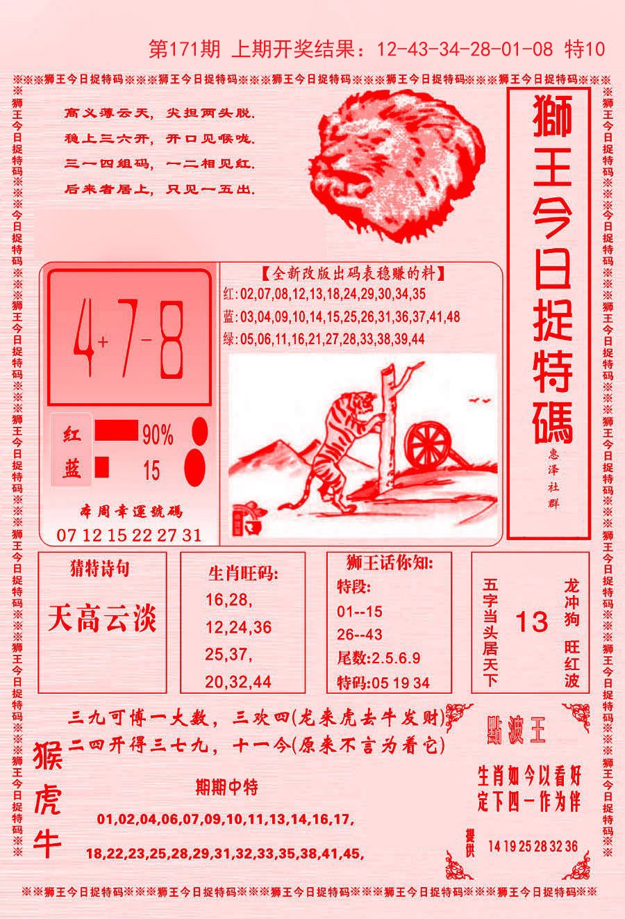 2024171期狮王今日抓特码