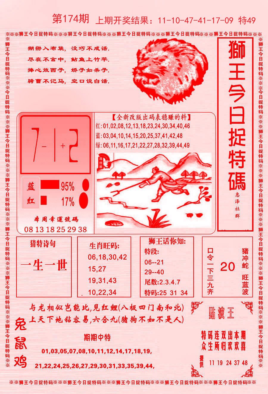 2024174期狮王今日抓特码